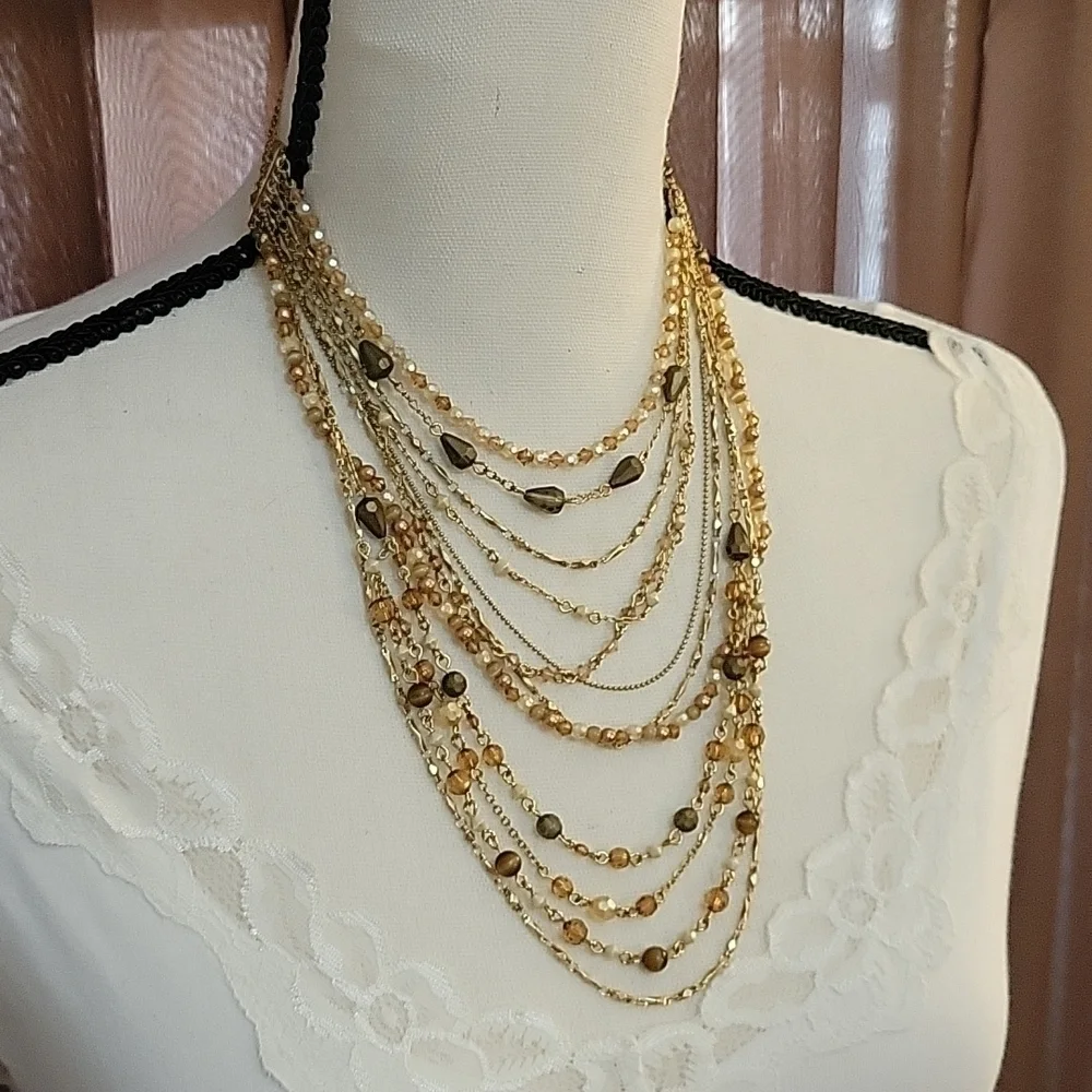 NANCY & RISE 1980s Ambertone Beaded Chain Layered Western Festival Necklace